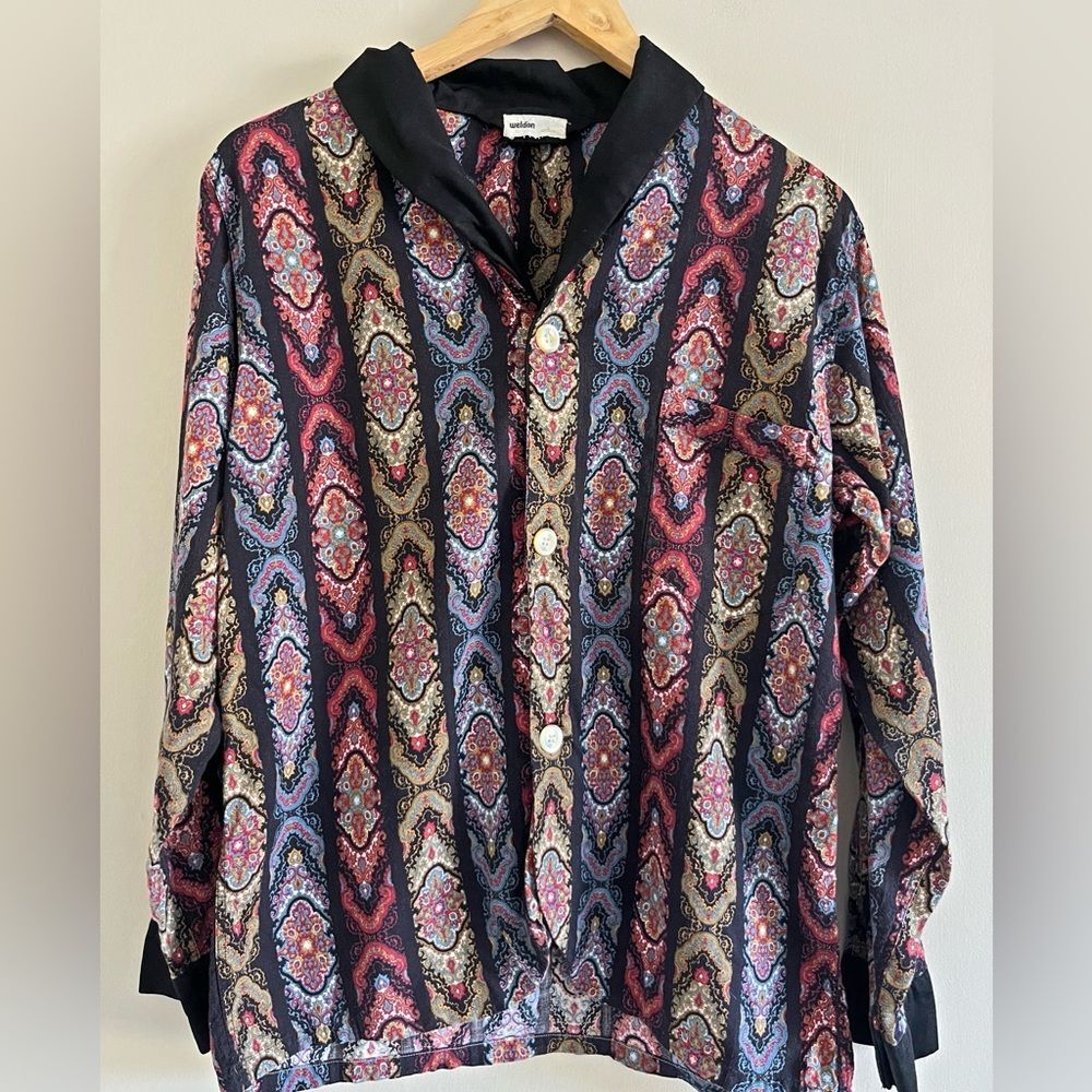 Vintage 70s Paisley Disco Lounge Blouse M Boho Button Front Black Shawl Collar